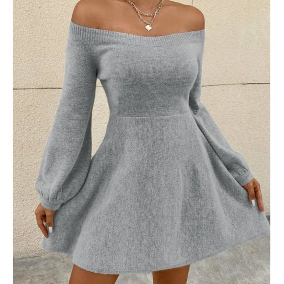 Minimalist Off Shoulder Lantern Long Sleeve Sweater Mini Dress Gray - Picture 2 of 6